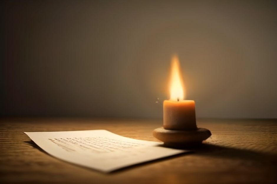 A single candle flame in a dim room casting warm light on old paper and a wooden table