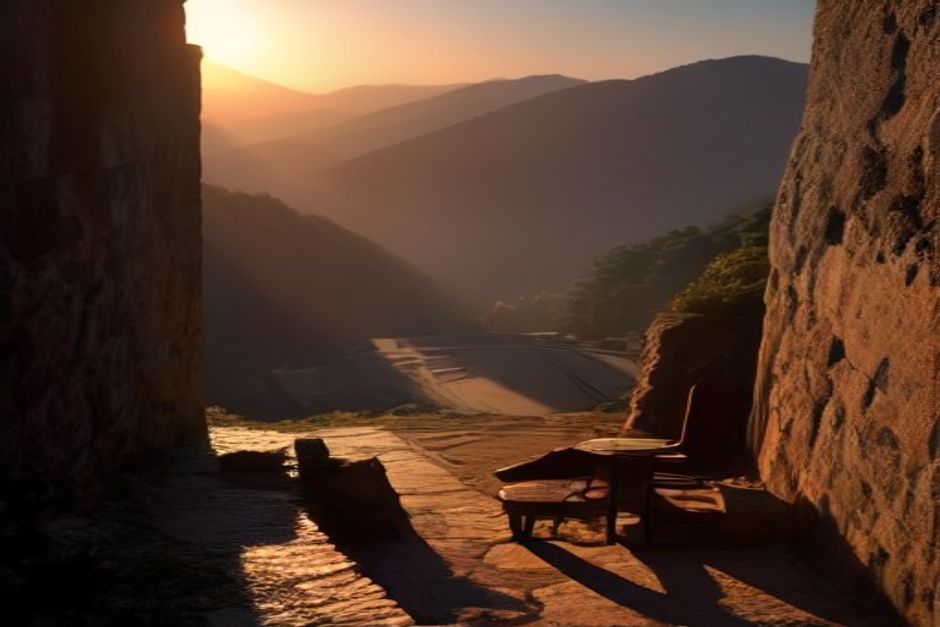 Warm sunrise light falling across a quiet terrace where someone sits facing the morning sun