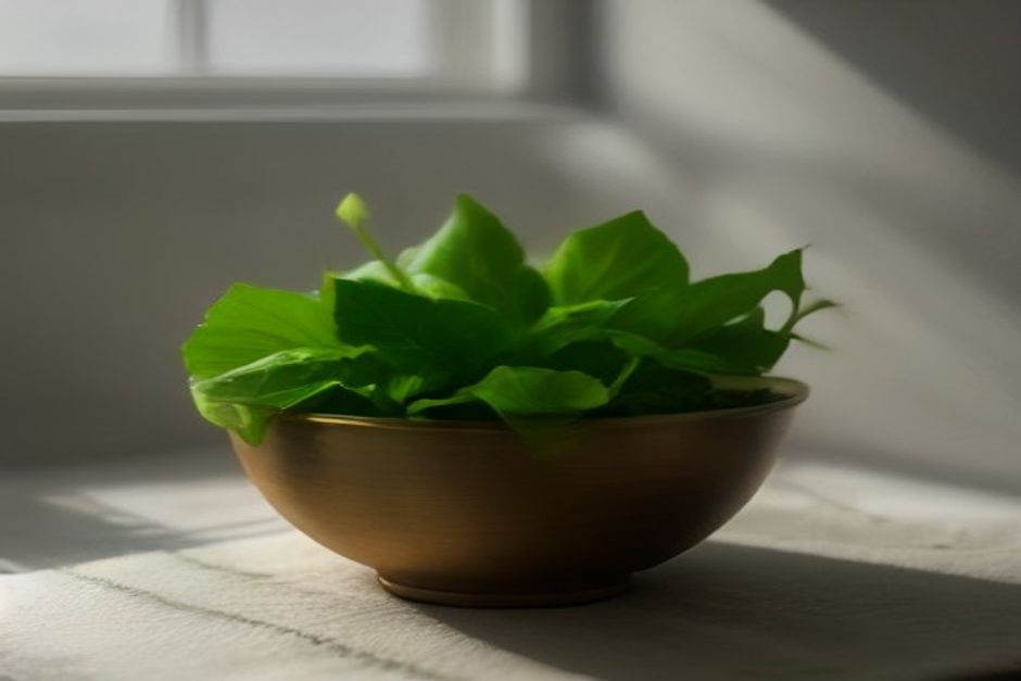 A small brass bowl and fresh green leaves on linen cloth in gentle morning window light