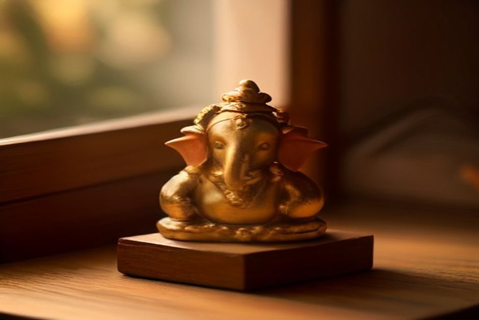 A small brass Ganesha statue beside a lit candle and wooden mala beads on a windowsill in warm morning light
