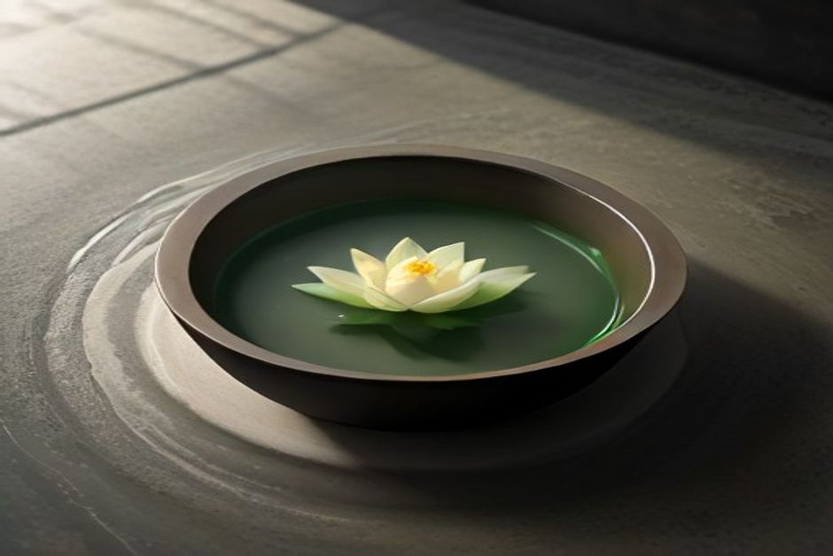 A pale lotus flower floating in a dark stone bowl of water in soft natural light