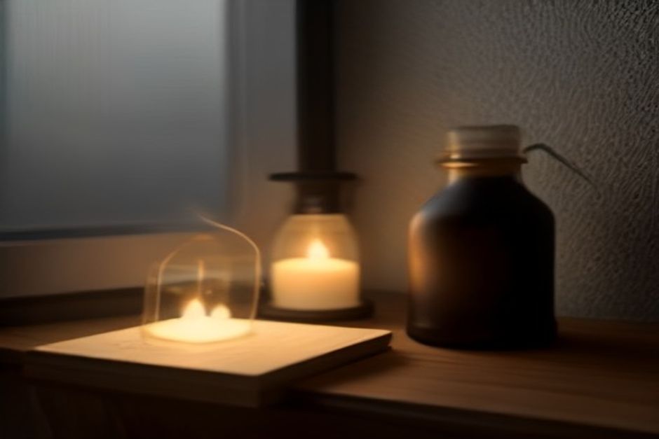 A simple stone and a small oil lamp on a wooden windowsill in soft evening light