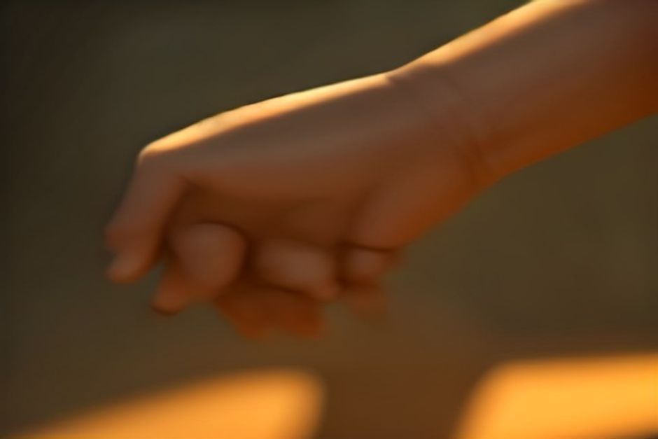 Hands resting in a meditation seat at dawn, warm soft light across a simple room