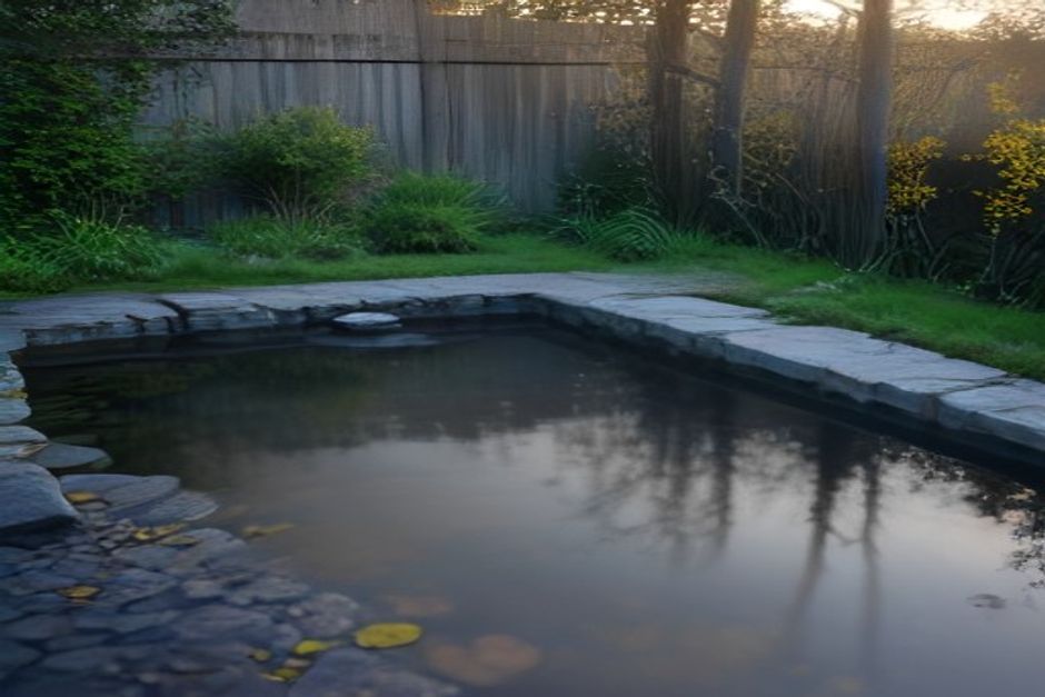 Still water in a shallow stone basin reflecting soft grey morning sky