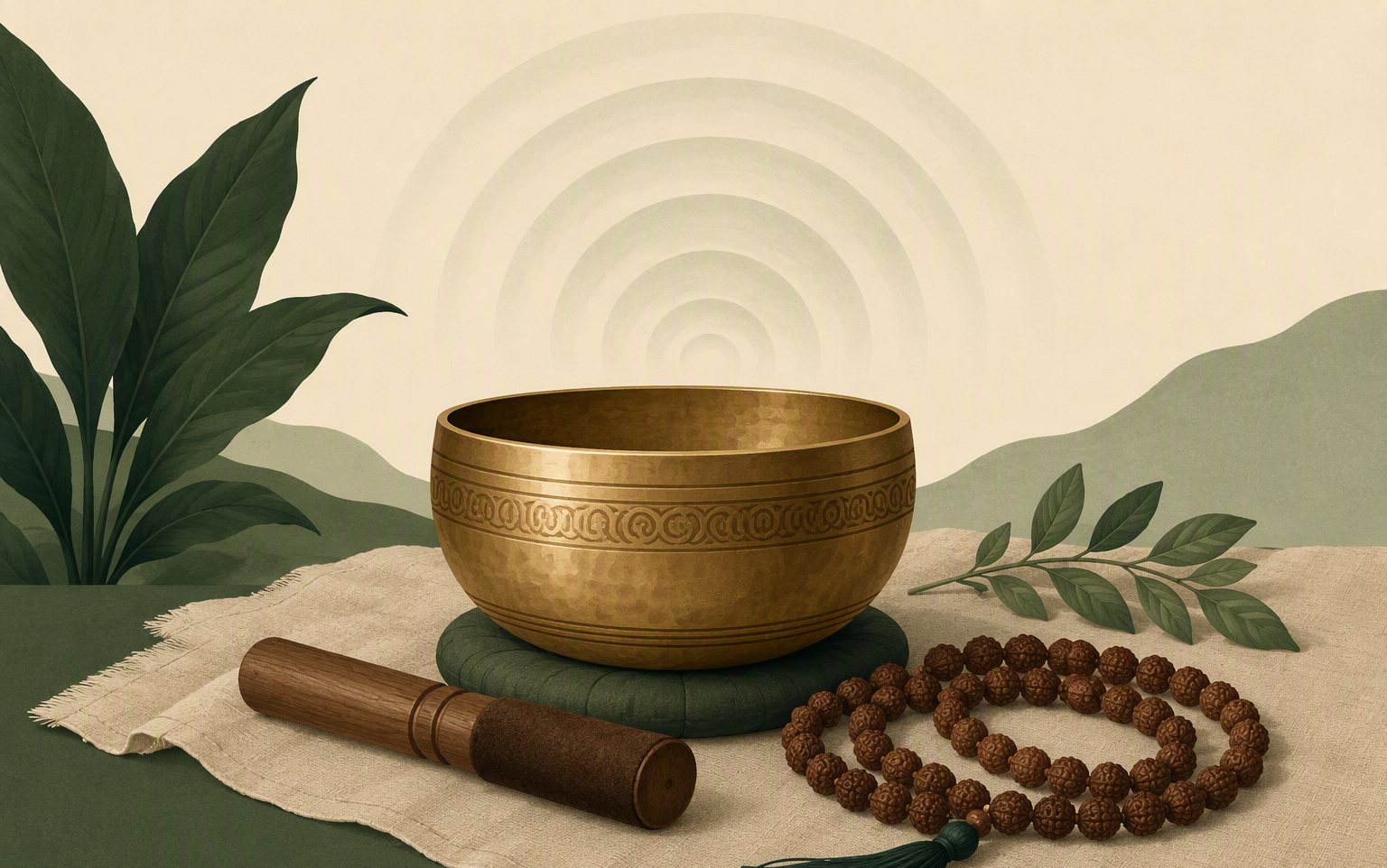 Singing bowl and mala beads