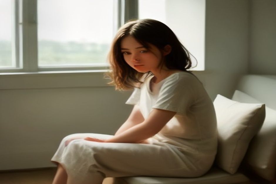 A person seated cross-legged on a cushion by a window in soft morning light, hands resting open on knees, calm expression