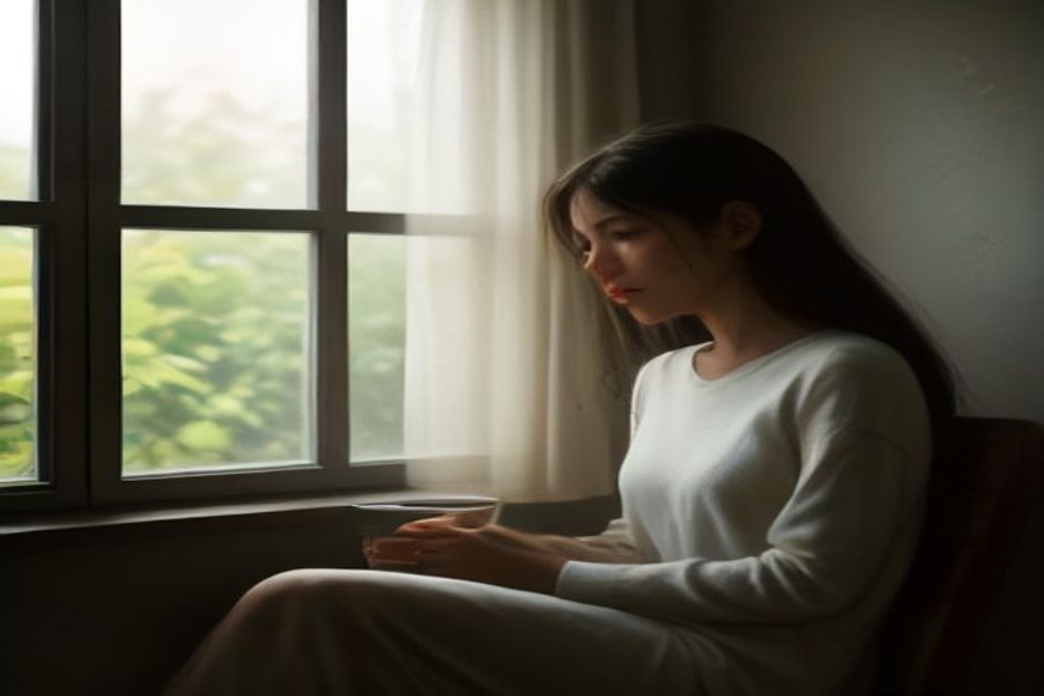 A person sitting quietly by a window with a cup of tea, soft evening light, calm expression