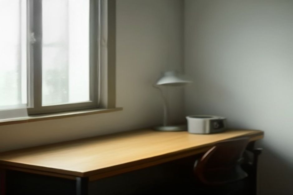 An empty office chair at a wooden desk near a window in soft daylight, a closed notebook and a cup of tea beside it