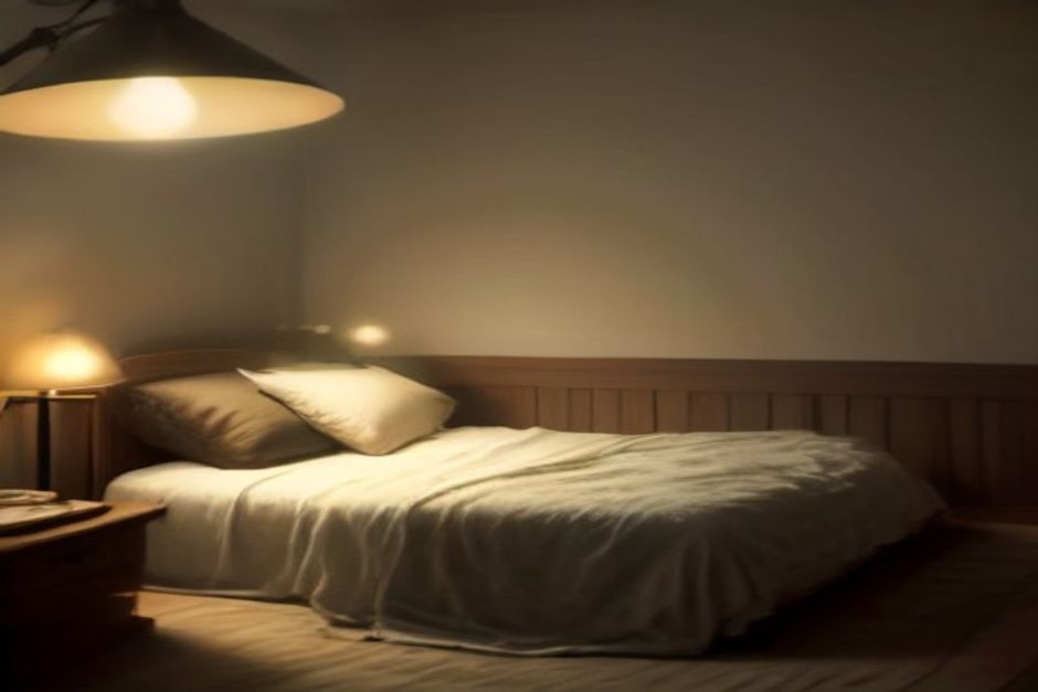 A dim bedroom with a person lying under a light blanket on their back, warm bedside lamp turned low