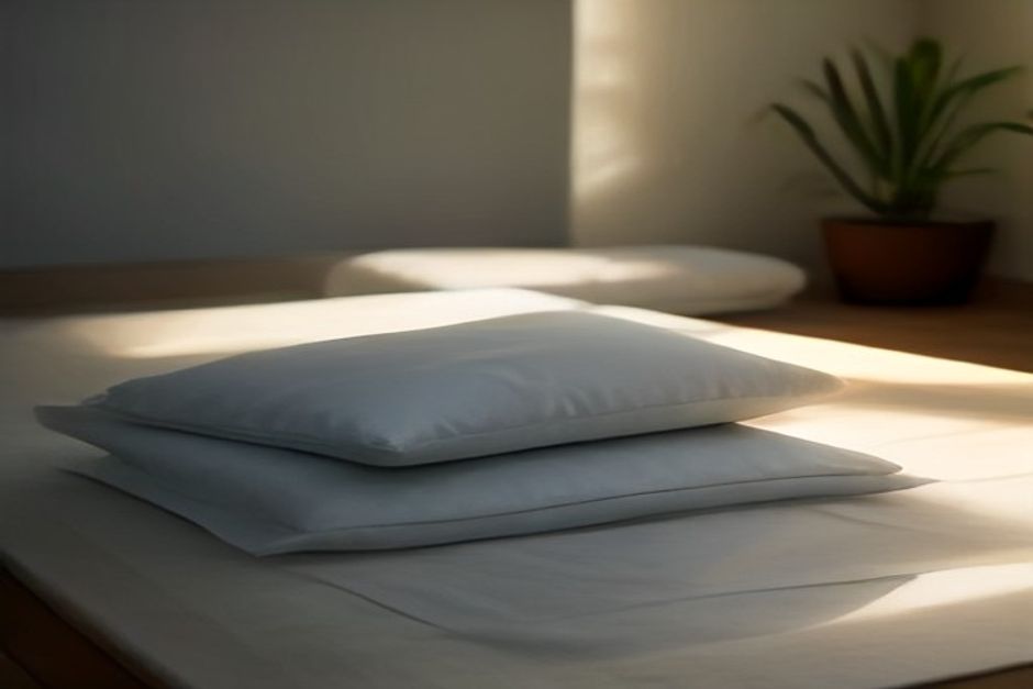 A person lying still on a yoga mat under a light blanket with an eye pillow nearby, in dim warm evening light