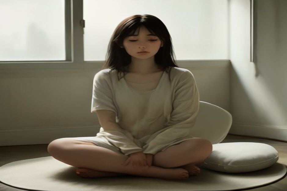 A person sitting upright on a meditation cushion by a bright window, hands resting on knees, eyes closed, calm expression