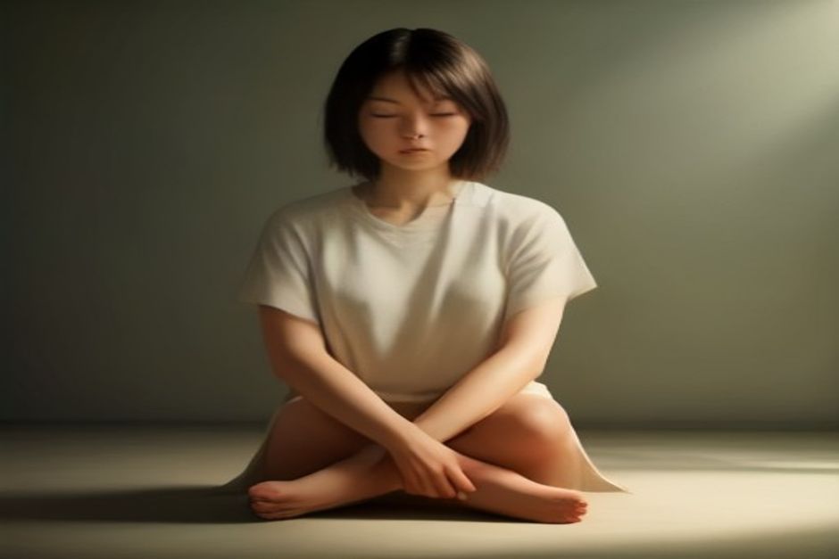A person sitting cross-legged in soft morning light with eyes closed and one hand resting open on the knee, calm expression