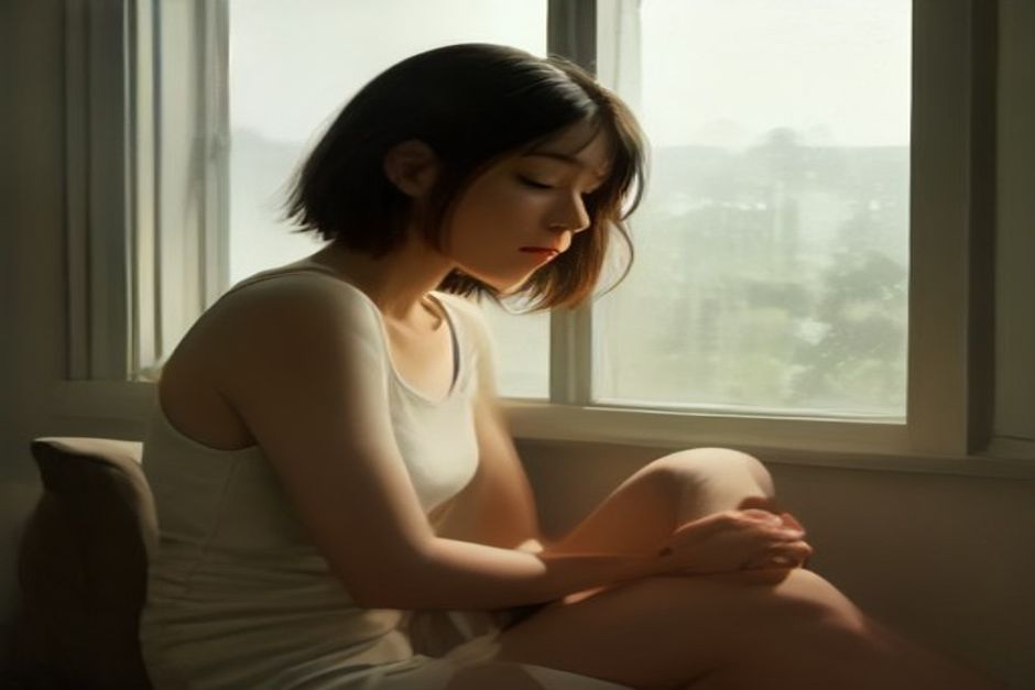 Person sitting cross-legged by an open window in soft morning light, eyes closed, listening