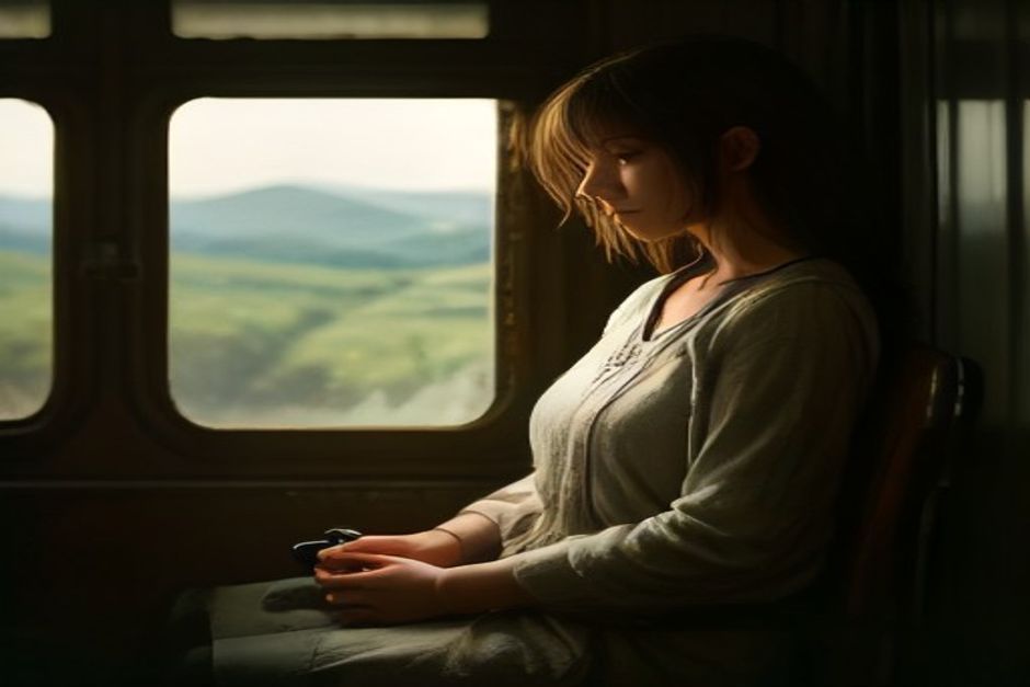 A person sitting by a train window in soft morning light, hands resting in lap, calm expression, blurred passing landscape