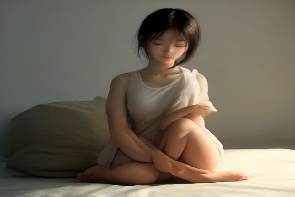 Person seated in meditation on a cushion with eyes closed, hands resting on knees, soft diffused daylight