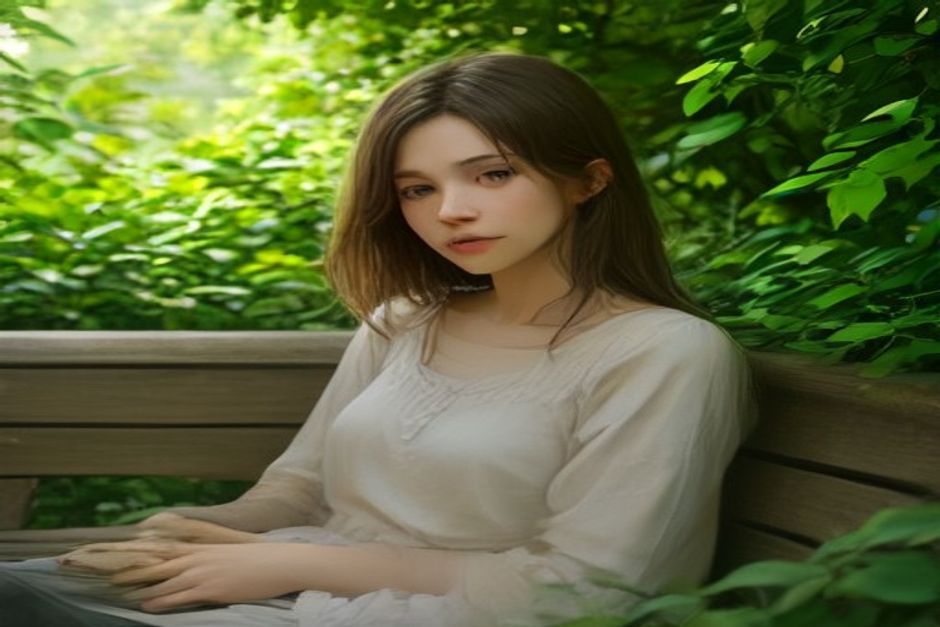 A person sitting outdoors on a wooden bench in a garden, eyes open and relaxed, hands resting in lap, soft green surroundings
