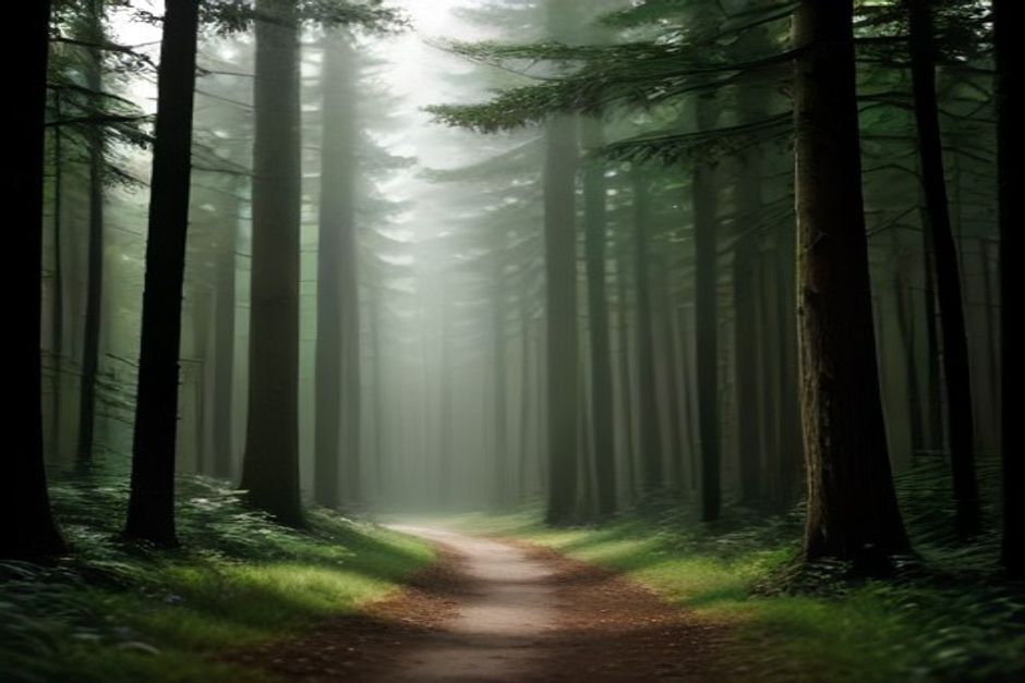 A quiet forest path in soft morning light, tall trees and green undergrowth
