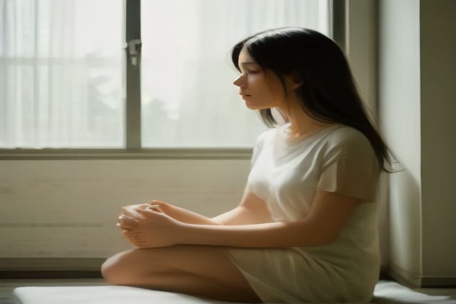A person sitting cross-legged in quiet meditation beside a window with soft morning light