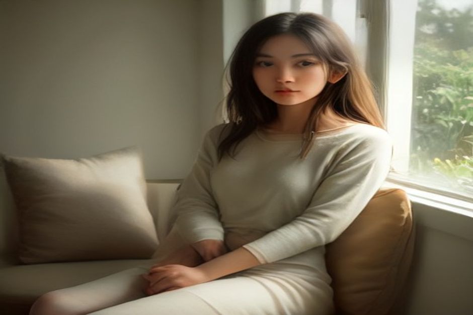 A person sitting cross-legged on a cushion by a window with a warm cup of tea, soft overcast light