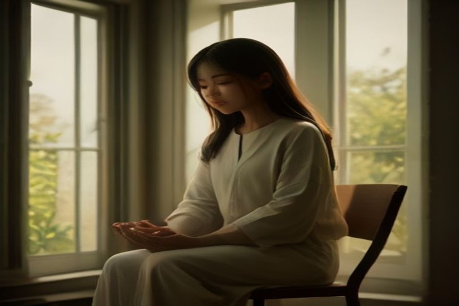 Person seated in meditation with hands at the heart, warm morning light through a window, earth tones