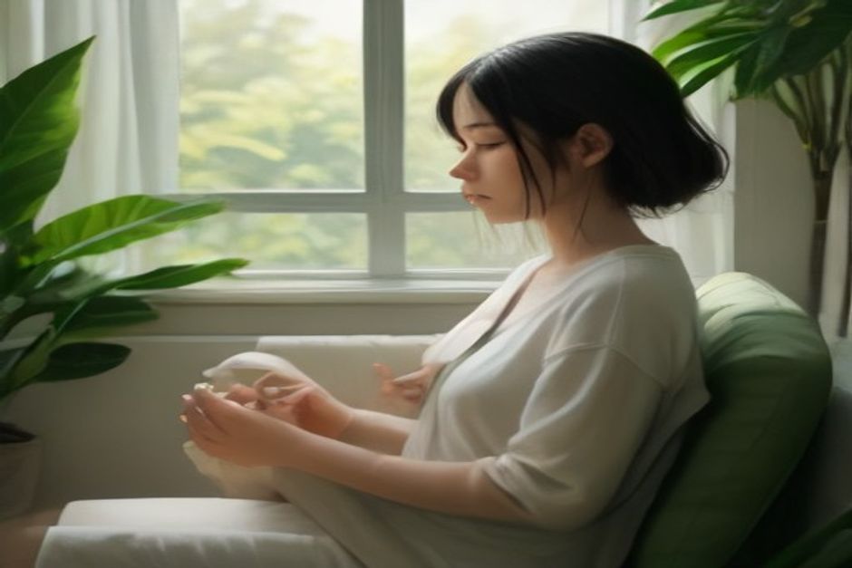 A person sitting quietly on a meditation cushion beside a window with plants, hands resting open on the lap, soft diffused daylight