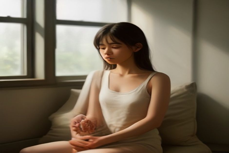 A person sitting cross-legged on a cushion with one hand resting over the heart, soft morning light through a window