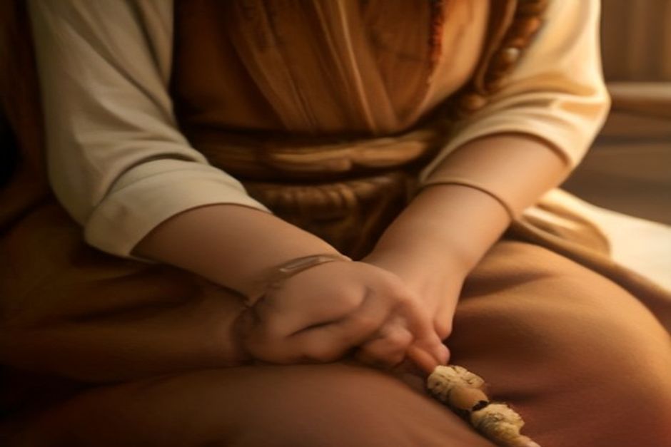 Hands holding wooden mala beads resting in a lap, seated cross-legged on a wool blanket in warm natural light
