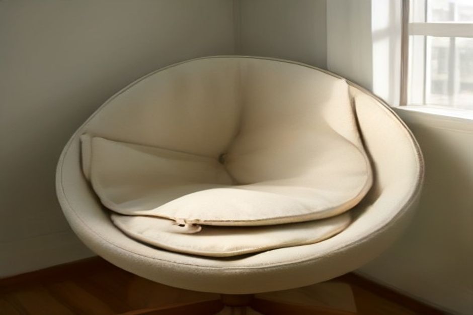 A meditation cushion and folded blanket beside a simple wooden chair in soft morning light