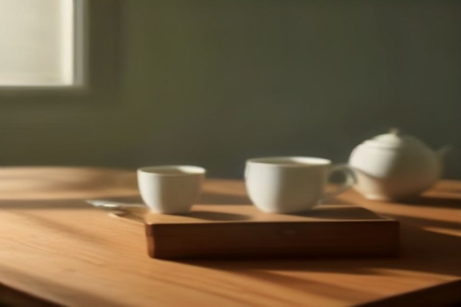 Two cups of tea on a wooden table between two chairs, soft morning light, unoccupied