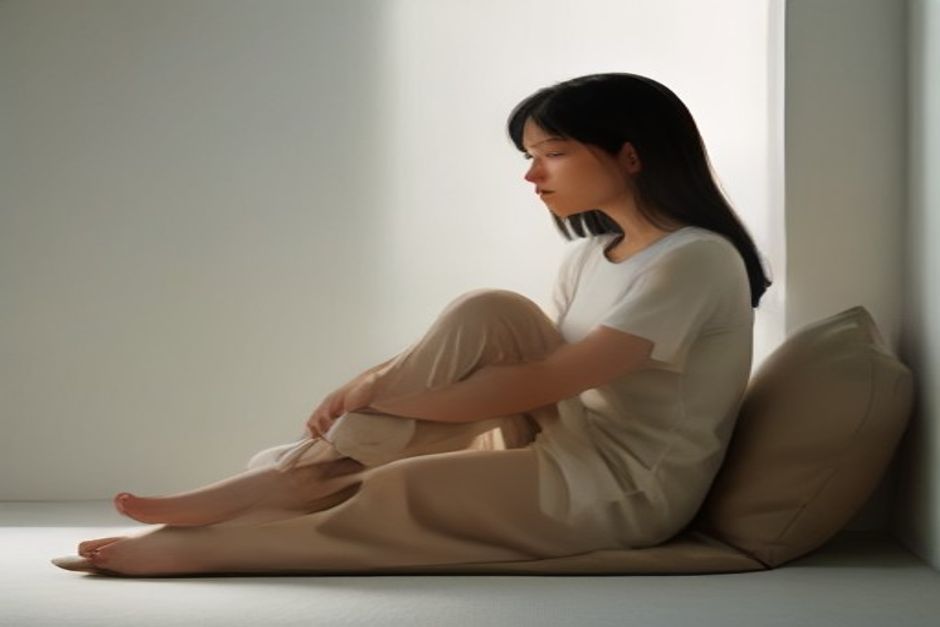 A person sitting upright on a plain cushion by a window, hands resting on the knees, calm expression, morning light, no decorations