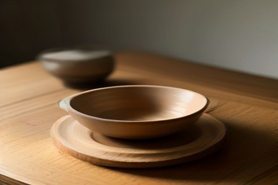 A simple bowl of food on a wooden table with hands resting beside it, calm natural light, minimalist