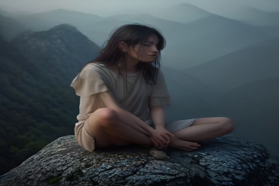 A lone person meditating cross-legged on a rocky viewpoint facing a large misty mountain at dawn, earth tones, soft light