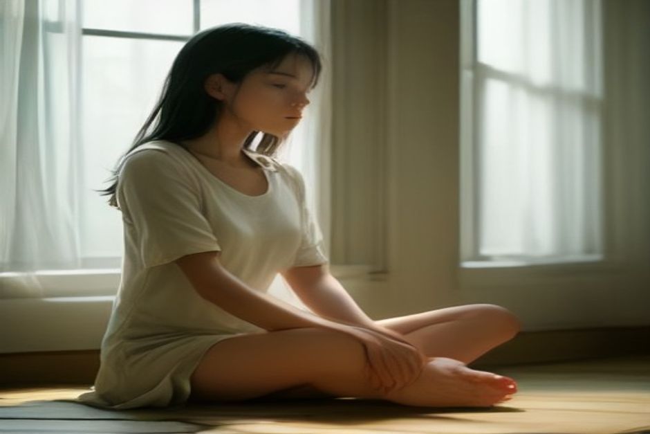 Person sitting cross-legged in quiet meditation by a window, soft morning light, calm earthy room