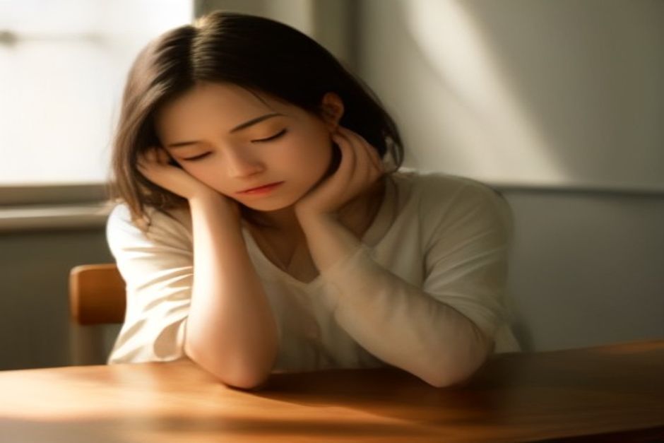 Person at a desk with eyes closed and hands resting, midday light, a paused moment between tasks