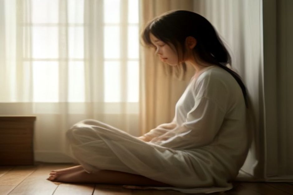 A person sitting in meditation on a wooden floor near an open window with sheer curtains moving gently in the breeze