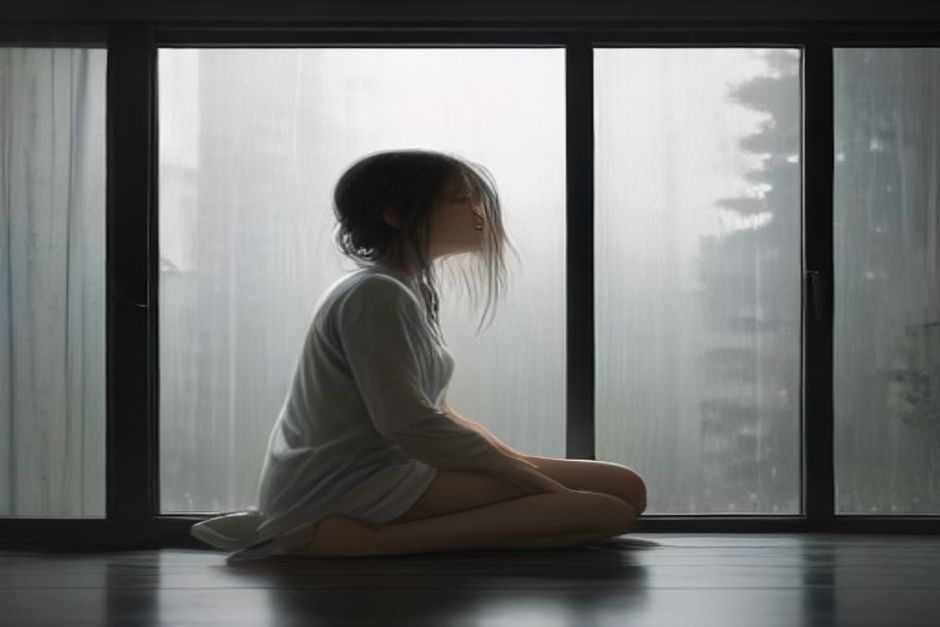 Person sitting cross-legged by a rain-streaked window, hands resting on knees, soft grey daylight