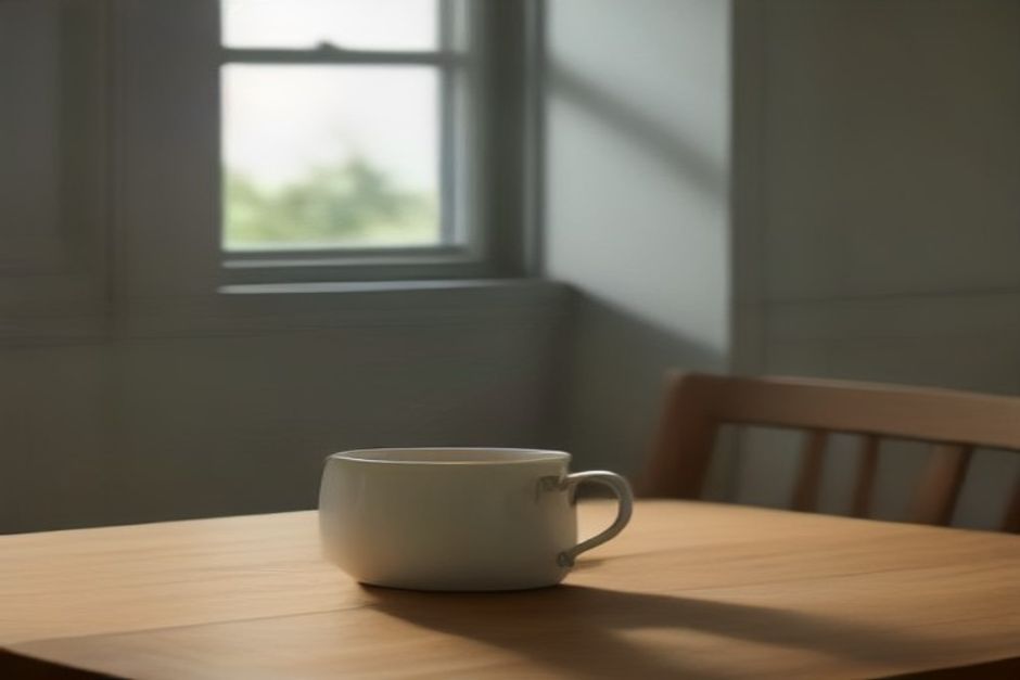A quiet kitchen table with a cup of tea beside a window at dawn, no devices, soft grey morning light