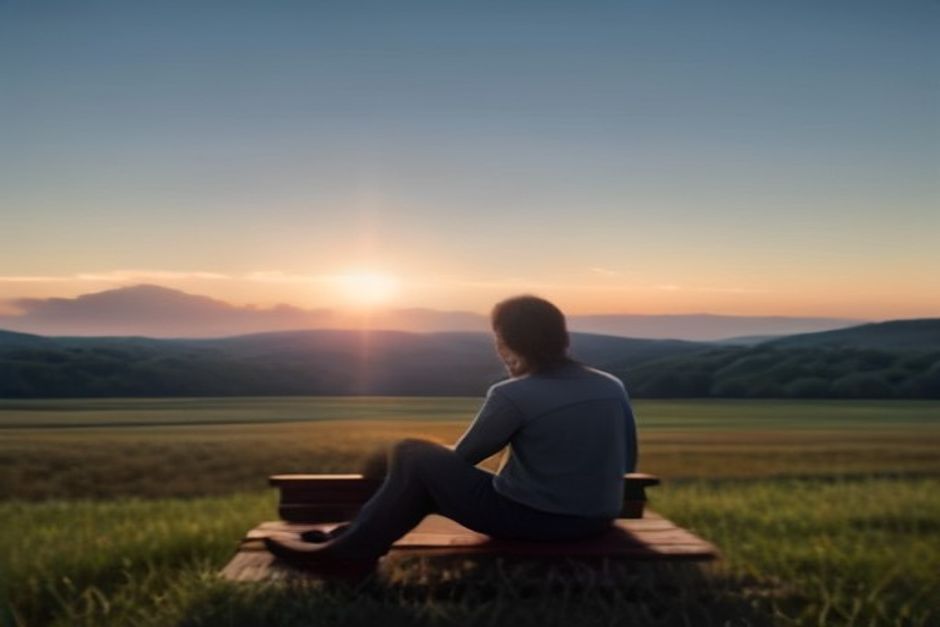 A person sitting on a hillside bench looking up at a vast pale-blue evening sky with thin clouds, wide open landscape, soft natural light