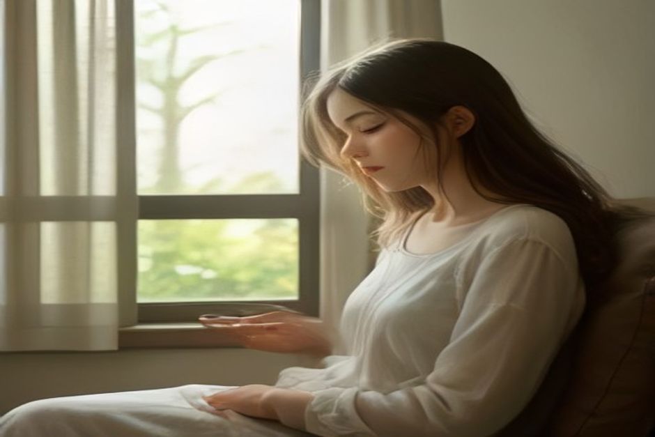 A person sitting calmly by an open window with sheer curtains, listening, soft daylight, relaxed posture