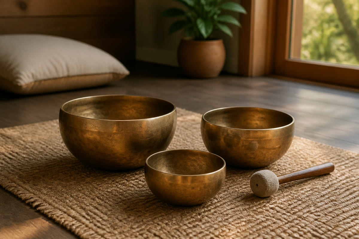 A row of brass singing bowls on a woven mat with a soft mallet resting beside them, warm natural light
