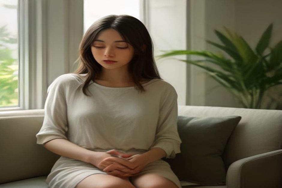 A person sitting cross-legged by an open window in soft morning light, listening with eyes closed