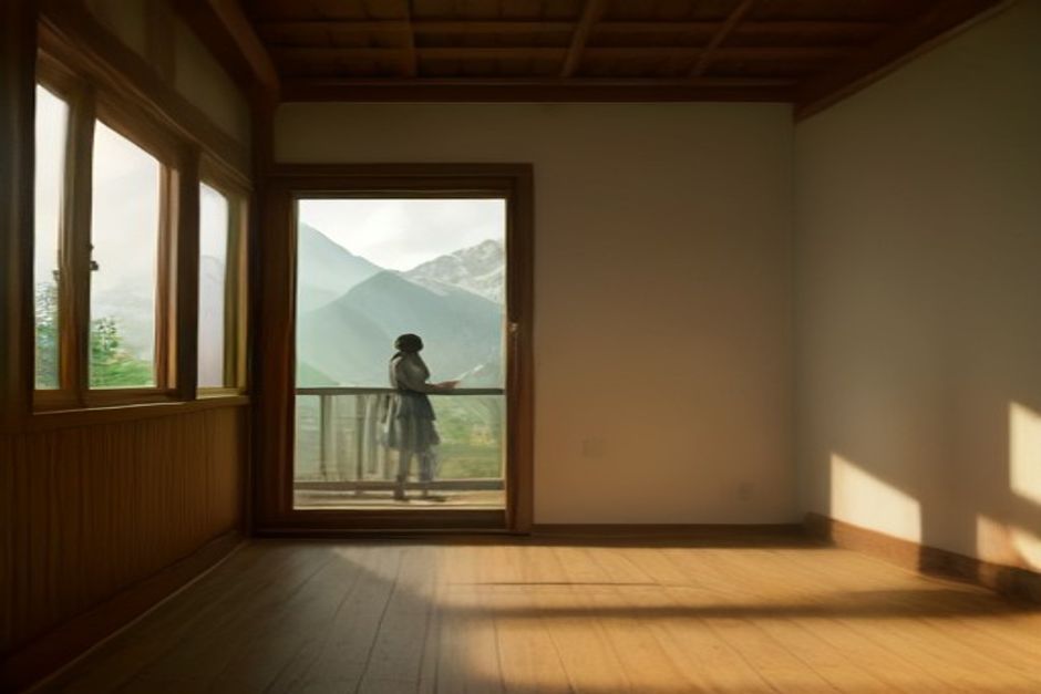 A person standing still and relaxed on a wooden floor by a bright window, eyes softly closed