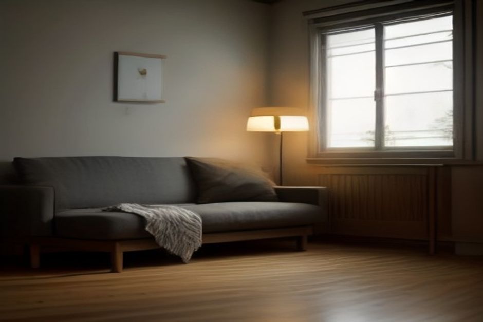 A quiet living room at dusk, a folded blanket on the floor, warm lamp light, no people