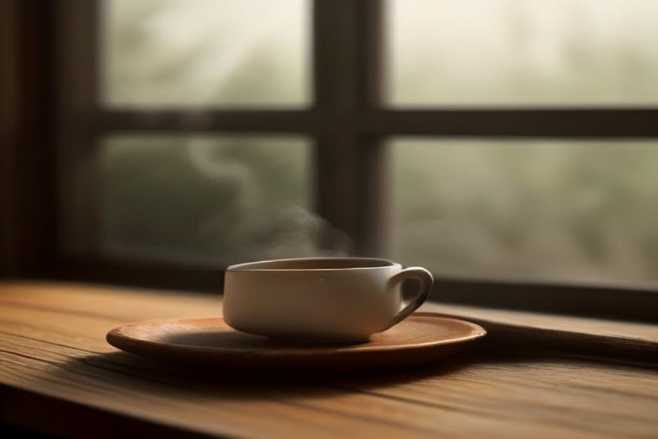 Steaming ceramic cup of tea held in both hands over a wooden table, warm window light