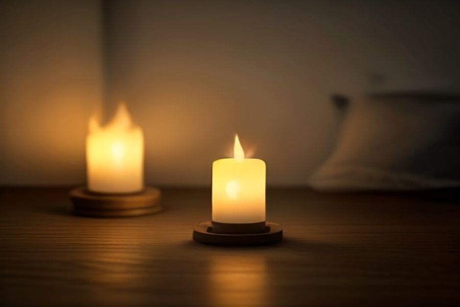 A single candle flame on a low table in a dim room, a cushion placed a comfortable distance away