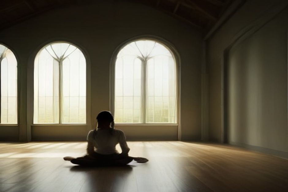A person sitting cross-legged in quiet meditation in a sparse, naturally lit hall