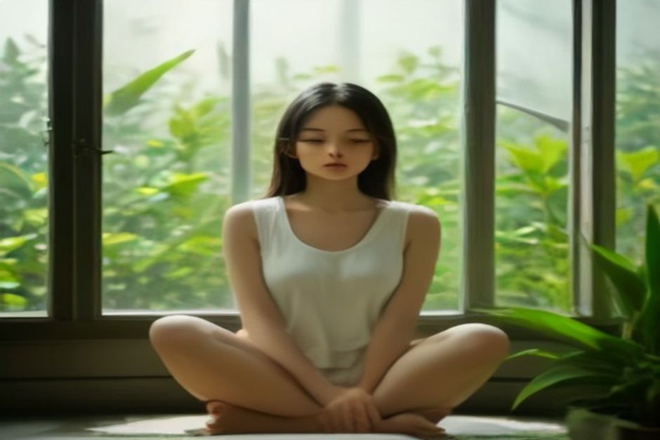 Person sitting cross-legged by a bright window, eyes closed, calm expression, plants nearby