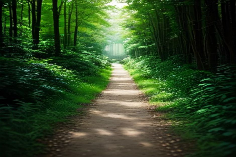 A person walking slowly and barefoot along a garden path in soft morning light, hands clasped loosely in front