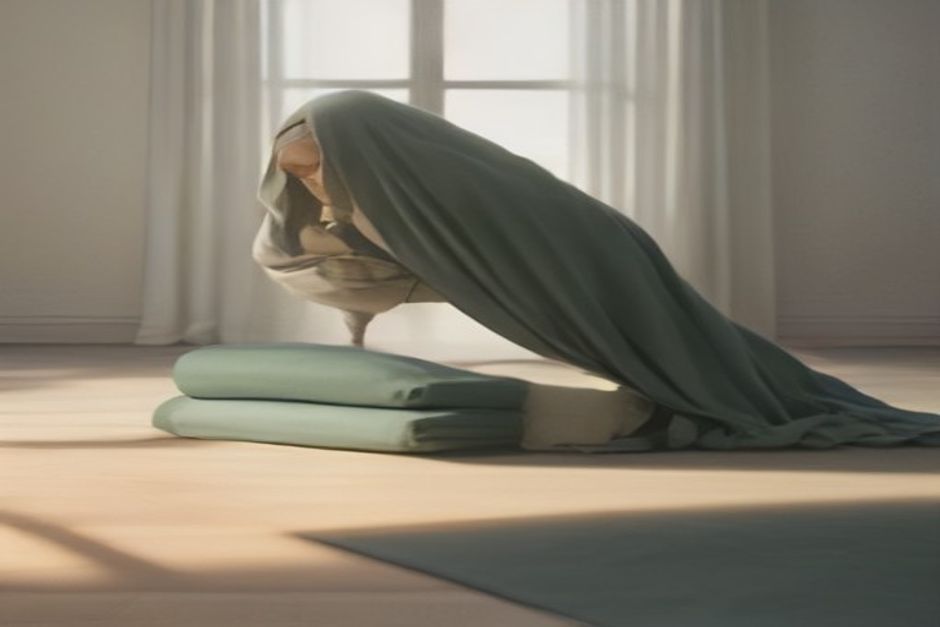 A person resting on their back on a yoga mat with a folded blanket under their head, eyes closed, soft window light