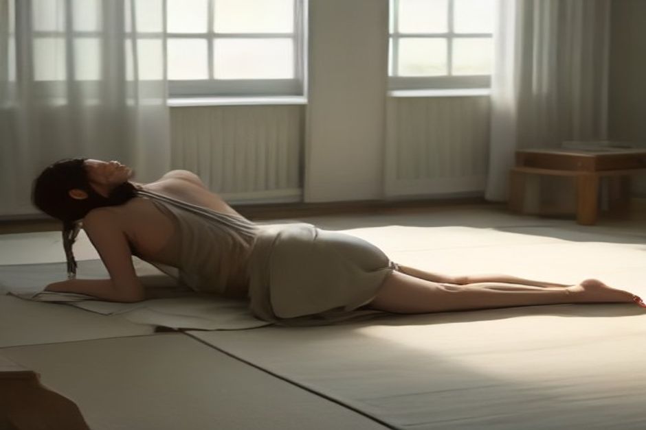 A person lying on a yoga mat with a bolster under the knees and a light blanket, in a calm room with soft afternoon light